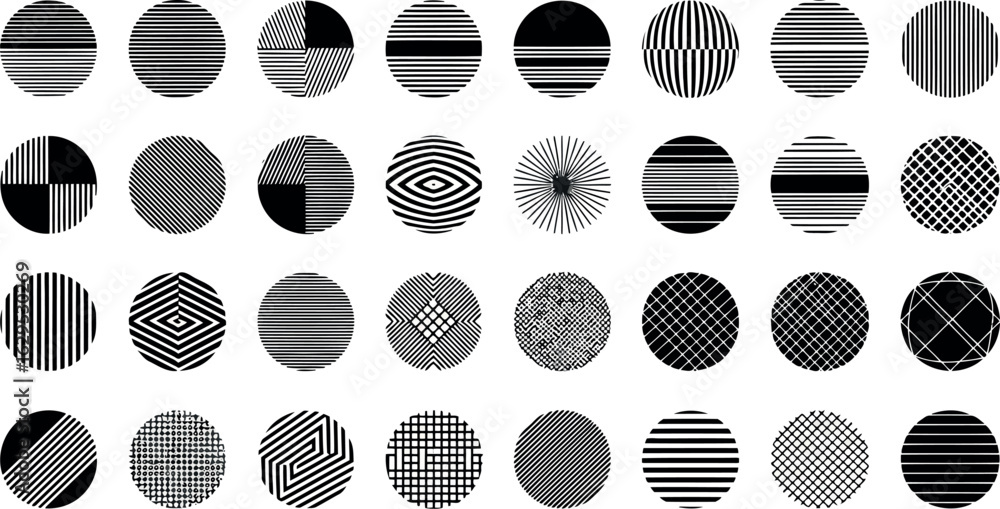 Poster vector art of set of abstract circular patterns with various line designs and textures, isolated on 
