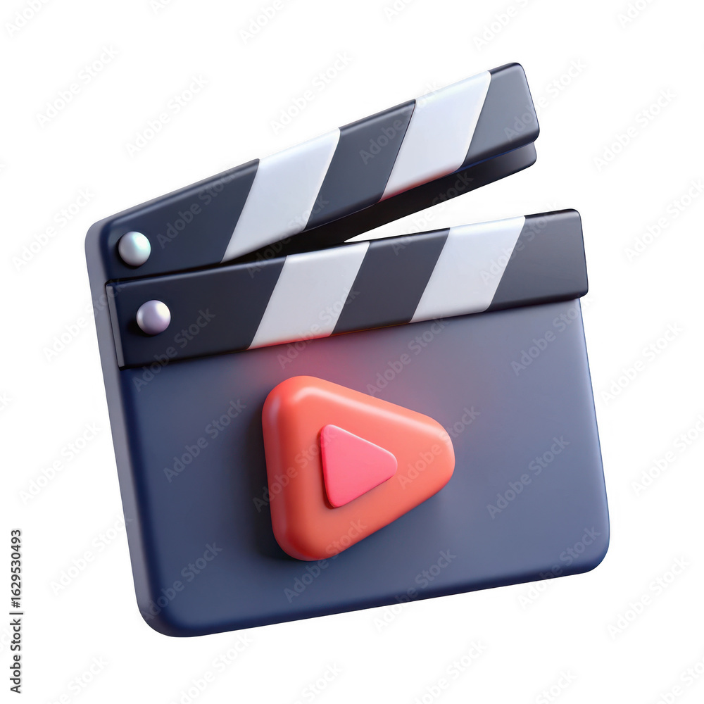 Poster 3d movie clapperboard with play button isolated on transparent background