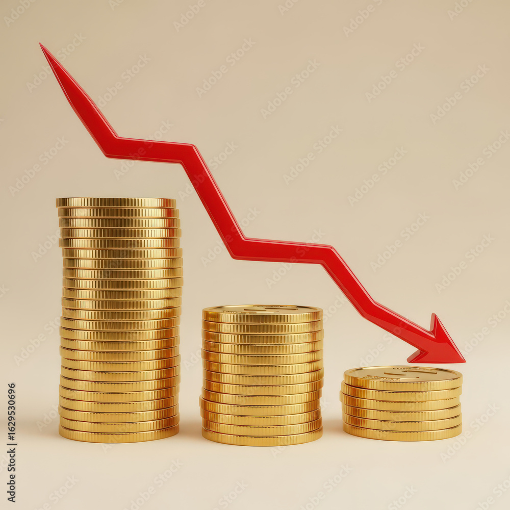 Poster dynamic 3d visualization of stacks of gold coins with a declining red arrow illustrating financial d
