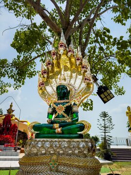 A vibrant low-angle shot captures a stunning emerald green statue of a seated Buddha, protected by a golden seven-headed Naga. The statue is positioned beneath the sprawling branches of a Bodhi tree
