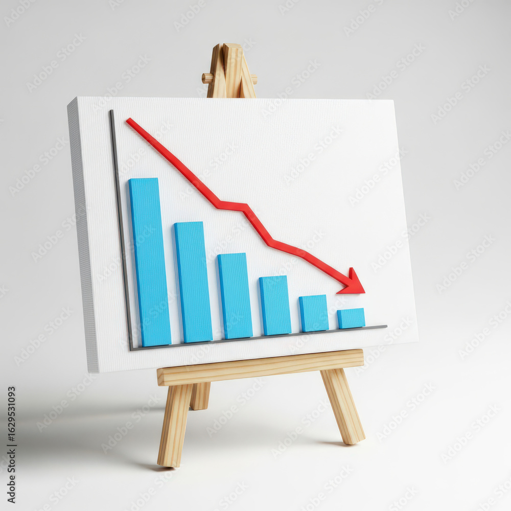 Poster a graph on an easel illustrating a downward trend with blue bars and a red arrow, representing econo