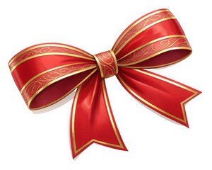 A vibrant red ribbon bow with gold trim, perfect for gift wrapping and festive decorations isolated on transparent background
