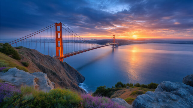 Panoramic view of Golden Gate Bridge at sunset, San Francisco skyline in the background, calm bay waters reflecting the warm golden and blue sky, iconic American landmark Golden Ga