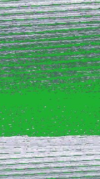 A blinking TV screen with analog static, signal distortion, and VHS-style glitches on a green screen
