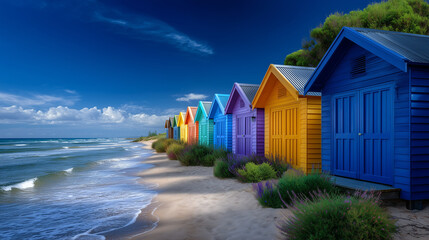 Colorful row of beach huts along the shoreline, each painted in a different vibrant color, with a bright blue sky above and soft sand in front, summer holiday vibe beach cabins, co