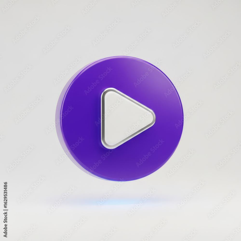 Poster a single purple play button with a white triangle icon centered on a white background suggesting med
