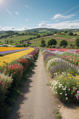 Naklejka premium Colorful flowerbeds line a dirt path leading to rolling green hills under a bright summer sky.