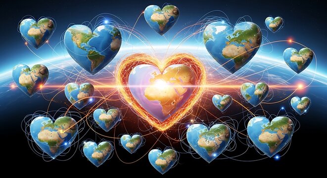 A world of hearts connected by love and light, symbolizing global unity