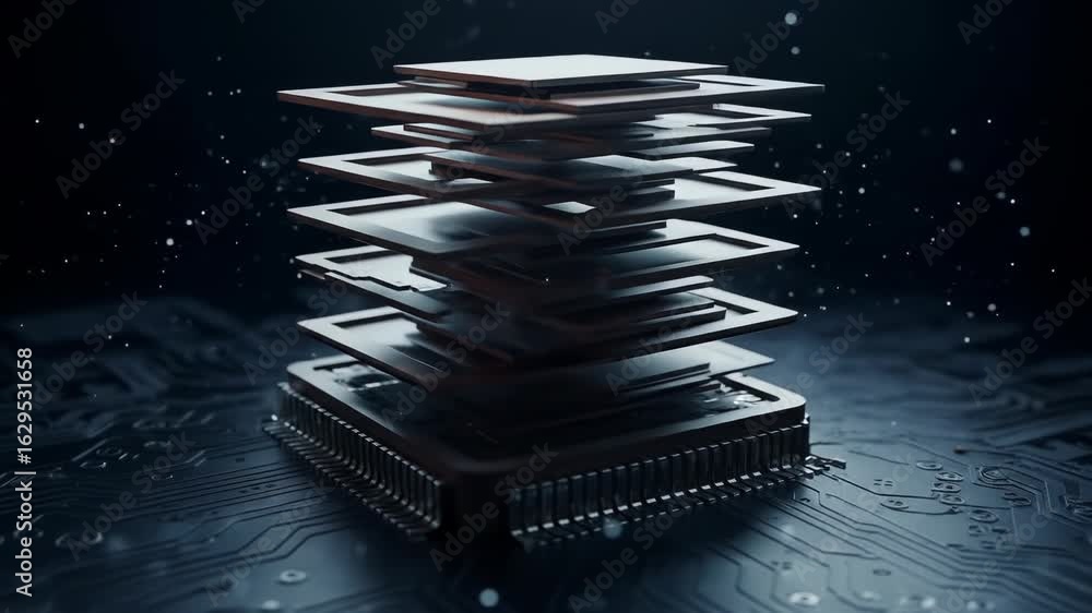 Poster abstract illustration of a digital processor with layered circuit boards over a circuit board in blu