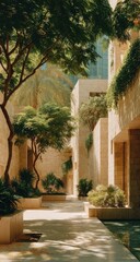 Naklejka premium Sunny courtyard with beige buildings and lush greenery