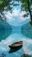 Fototapeta premium Lonely wooden boat on tranquil lake High resolution picture