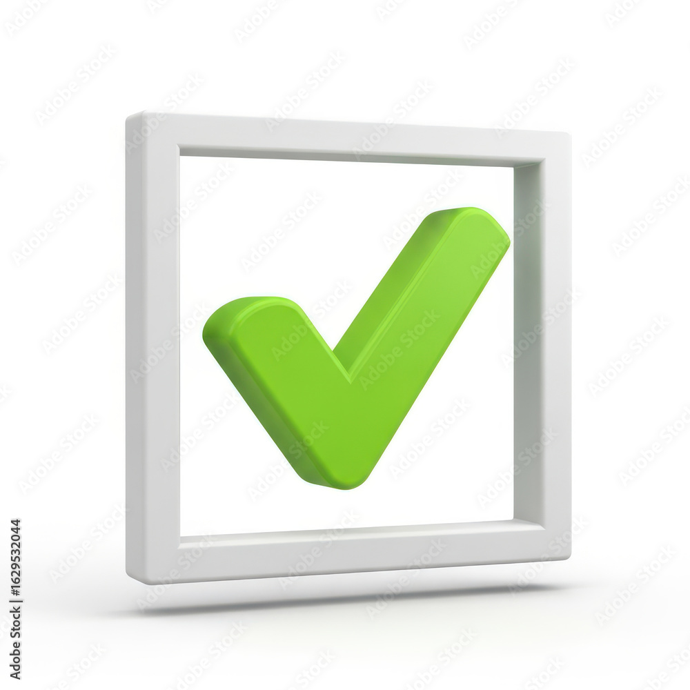 Poster green check mark in a white square frame, representing approval and completion, perfect for user int