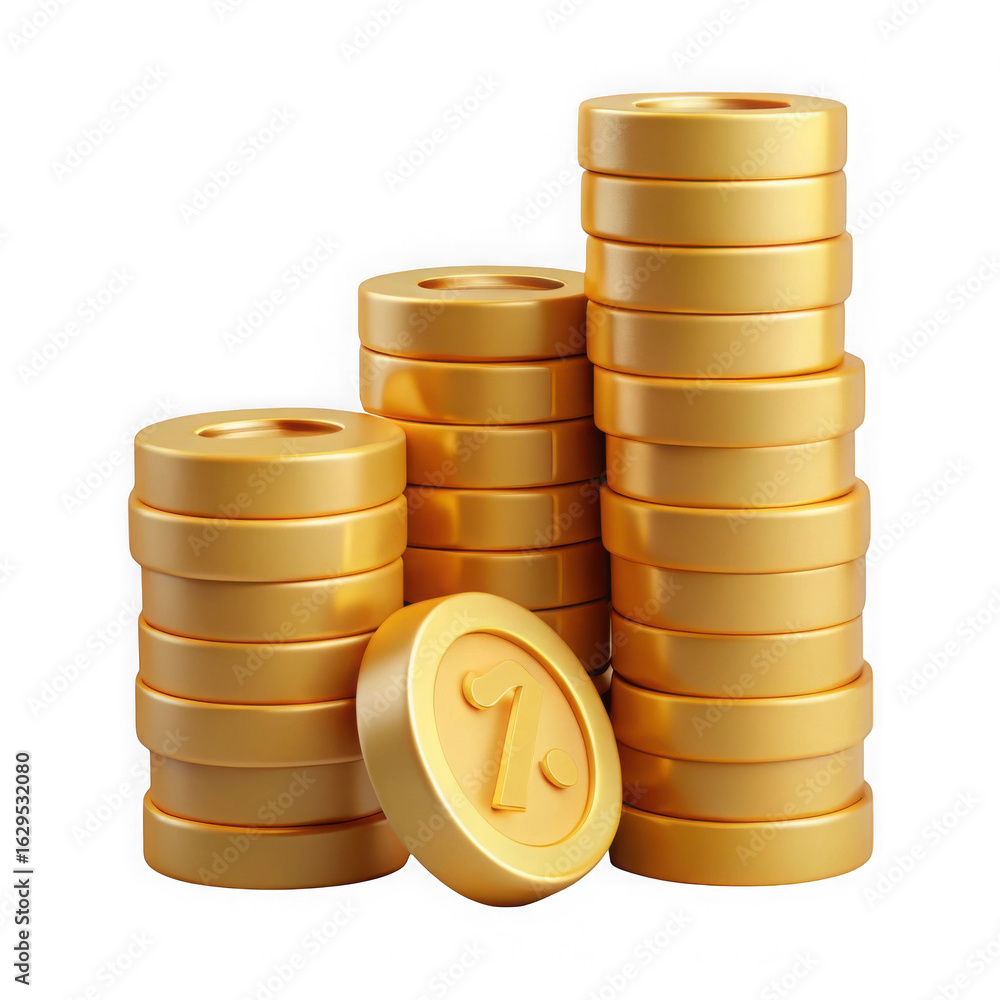 Poster stacks of shiny gold coins with one coin in front isolated on transparent background