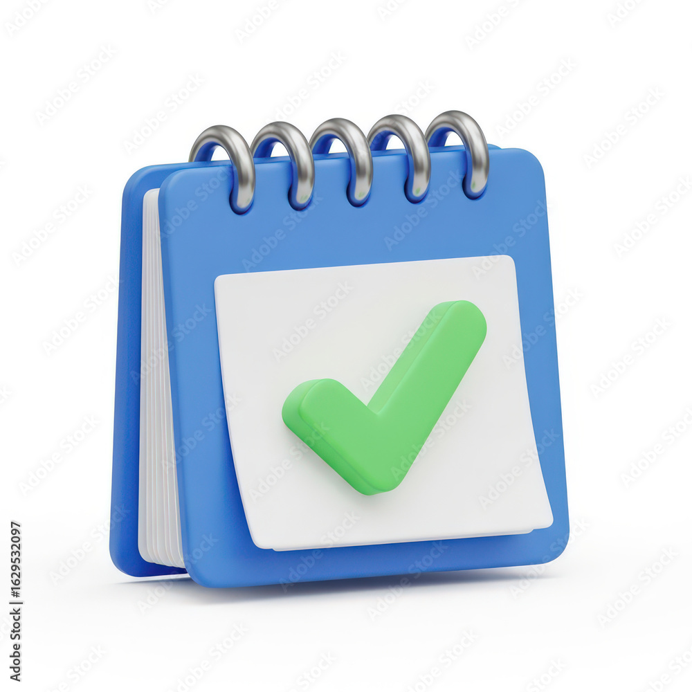 Poster a detailed 3d illustration of a blue calendar icon with a green check mark isolated on white showcas