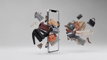 Floating Fashion Accessories Surrounding Smartphone in Modern Digital Presentation Displaying Chic Styles and Colors