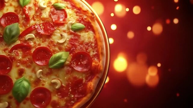 Closeup of pepperoni pizza on a plate with basil  cashew garnish against a red bokeh background