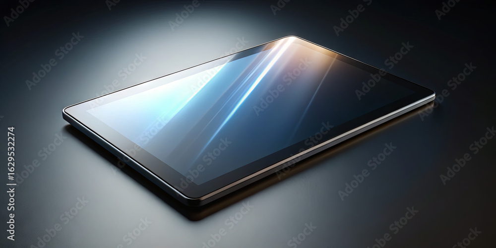 Poster a modern tablet rests on a smooth surface, showcasing a bright and colorful display. the sleek desig