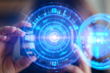 Human Hand Interacting with Futuristic HUD. surrounded by holographic HUD graphics and blue technology elements, symbolizing innovation and control.