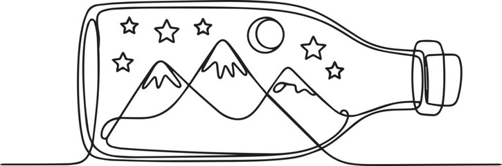 Continuous one line drawing of a mountain landscape enclosed inside a bottle with stars and a crescent moon above, minimalist black art