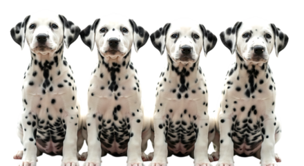 Four adorable dalmatian puppies sitting together isolated on transparent background