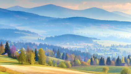 Misty mountain range landscape