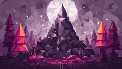 Low-poly mountain scene at night, with trees and a full moon