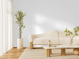 Scandinavian Living Room with Curved Sofa and Coffee Table - Transparent PNG Cutout with Shadow