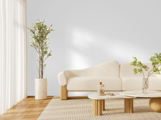 Scandinavian Living Room with Curved Sofa and Coffee Table - Transparent PNG Cutout with Shadow