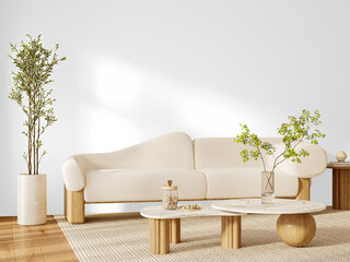 Modern Curved Sofa with Marble Coffee Table and Plant - Transparent Background PNG with Shadow
