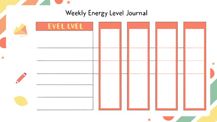 Weekly energy level journal layout with blank chart, pencil, and decorative elements on a white background