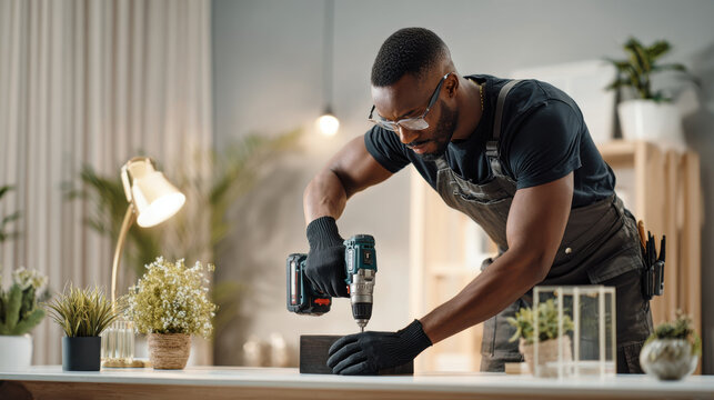 A focused man working on a carpentry project using a power drill in a workshop.