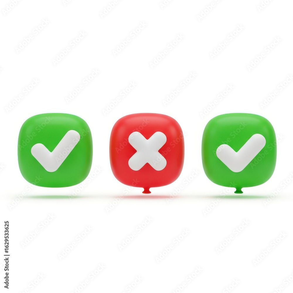 Aufkleber green check marks and red x symbolizing correct and incorrect choices decisions and feedback in surv