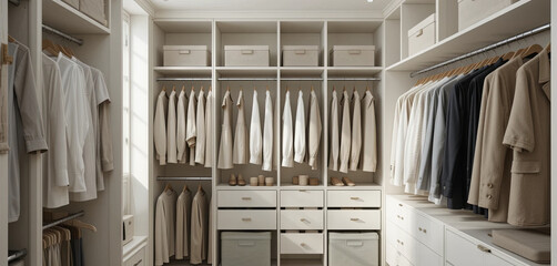 A bright closet featuring neatly arranged neutral-colored clothing on hangers and in drawers. Well-organized storage boxes complete the serene aesthetic of the space