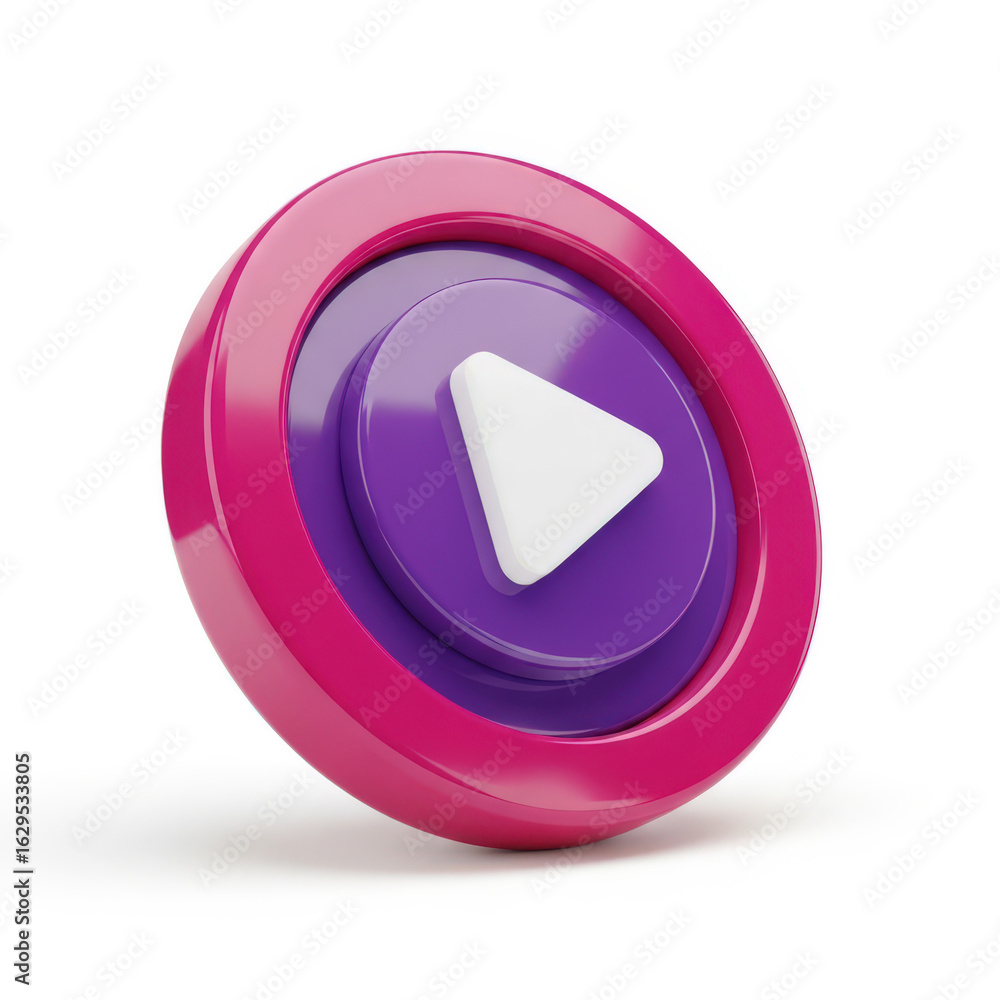 Poster dynamic 3d render of a play button icon with a pink border and purple center on a white background s