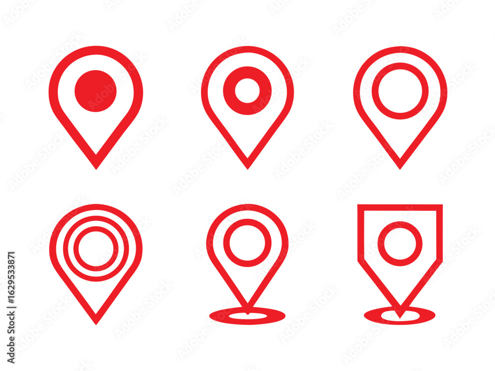 Poster collection of six red location pin icons on a white background map marker pointer.eps
