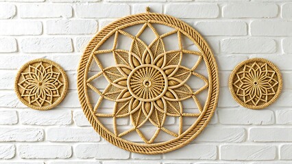 decorative mandala wall art made of rope hanging on white brick wall for boho interior decor
