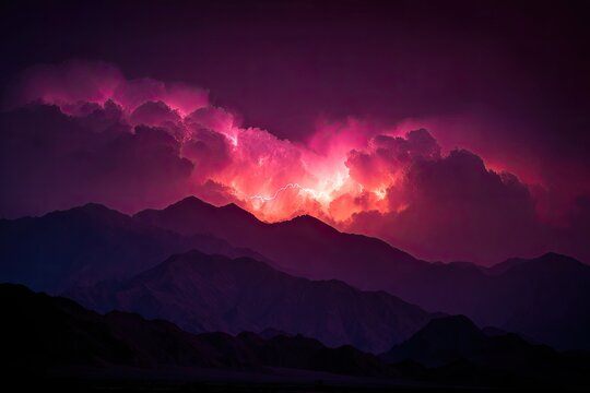 Dramatic mountain range illuminated by vibrant pink-orange lightning storm clouds - Powered by Adobe
