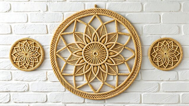 decorative mandala wall art made of rope hanging on white brick wall for boho interior decor
