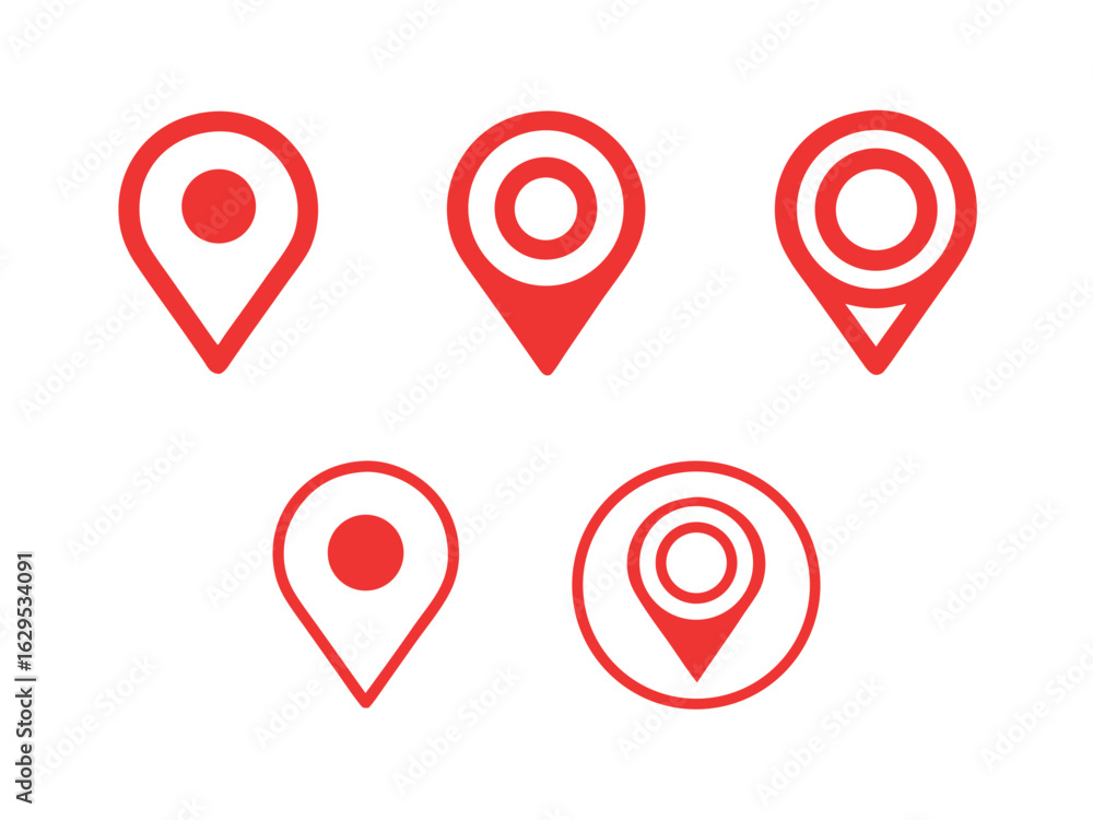 Poster collection of five red outline map location pointers on white background map pointer location pin.ep