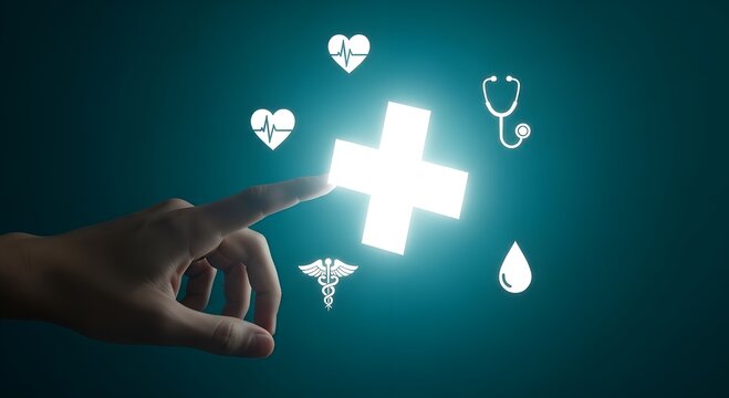 Hand Interacting with Glowing Medical Icons on a Dark Teal Background