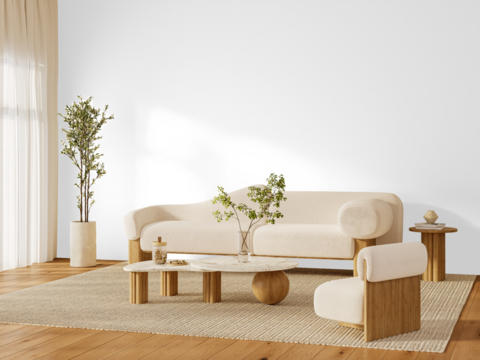 Minimalist Full Living Room Set - Sofa, Chair, Coffee Table with Transparent Background PNG and Shadow