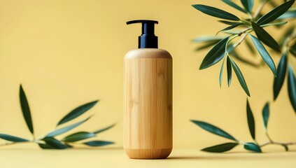 Eco-Friendly Bamboo Wood Pump Bottle  on Yellow Background — Sustainable Skincare Packaging and Stylish Product Promotion