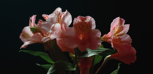 Against a dark background, several pink flowers bloom, with light petals and delicate stamens, full of a fresh and healing natural flower atmosphere.