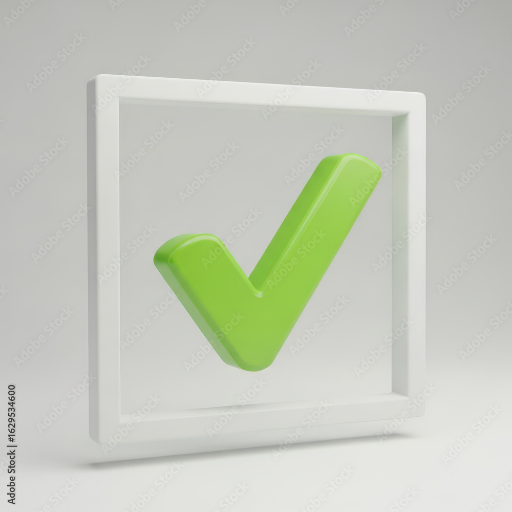Poster a 3d render of a green check mark inside a white square frame on a light gray background representin