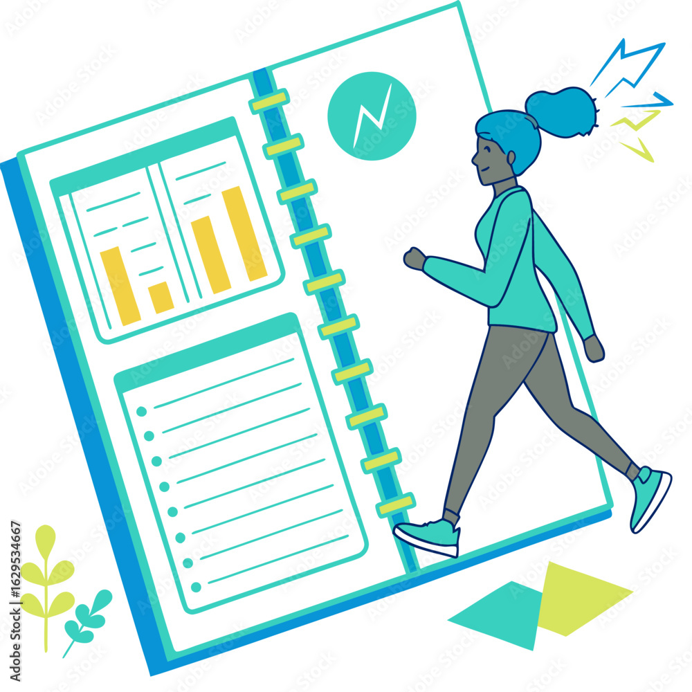 Poster illustration of a woman walking in front of an open notebook with charts and a to do list shown on i
