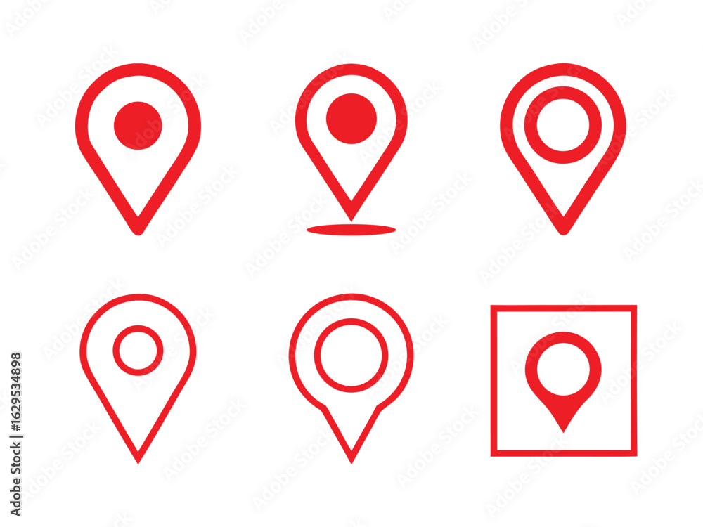 Poster six red outline map location pointers including square border on white map pointer location pin.eps