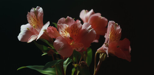 Against a dark background, several pink flowers bloom, with light petals and delicate stamens, full of a fresh and healing natural flower atmosphere.