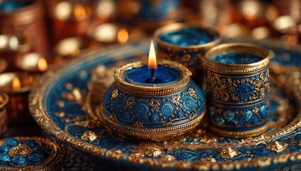 Blue candles, ornate tray, warm light