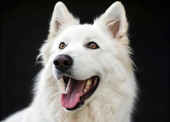 Fototapeta premium Close - up of Big White Dog, Vivid Expression with Open Mouth and Tongue, for Pet Promotion, Cute Pet Design, Emotion Conveyance, Animal Photography Material