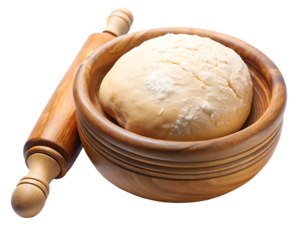  Raw dough in a rustic bowl with a wooden rolling pinon white background PNG.AI Generated.